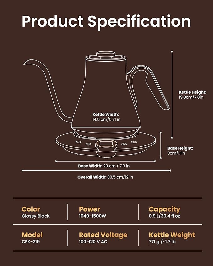 INTASTING Gooseneck Electric Kettle, ±1℉ Temperature Control, Stainless Steel Inner, Quick Heating, for Pour Over Coffee, Brew Tea, Boil Hot Water, 1500W/0.9L (Glossy Black)