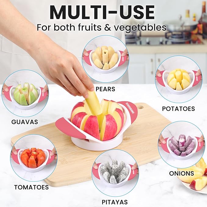 SCHVUBENR 3.5 Inch Apple Slicer - Professional Apple Cutter - Stainless Steel Apple Corer - Super Sharp Apple Slicer and Corer - Apple Tool with 8 Sharp Blades(Pink)