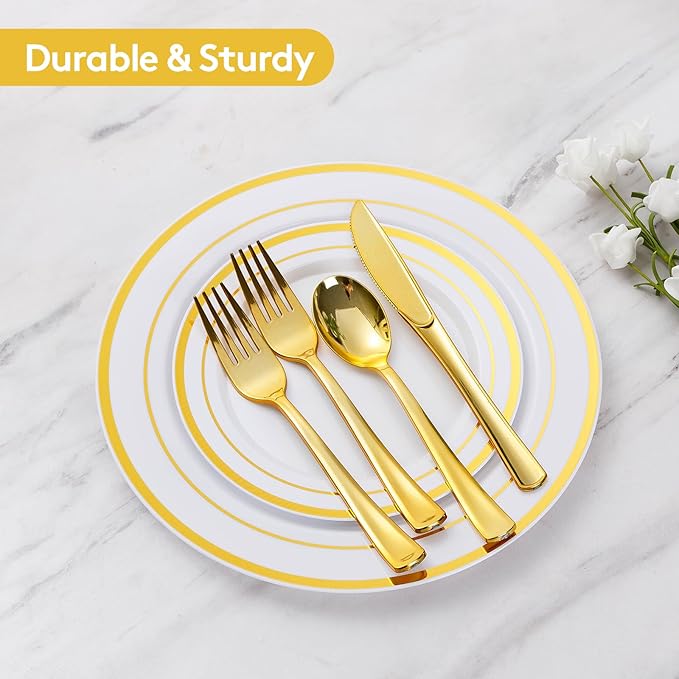 Goodluck 300 Pieces Gold Disposable Plates for 50 Guests, Plastic Plates for Party, Wedding, Dinnerware Set of 50 Dinner Plates, 50 Salad Plates, 50 Spoons, 50 Forks, 50 Knives, 50 Cups