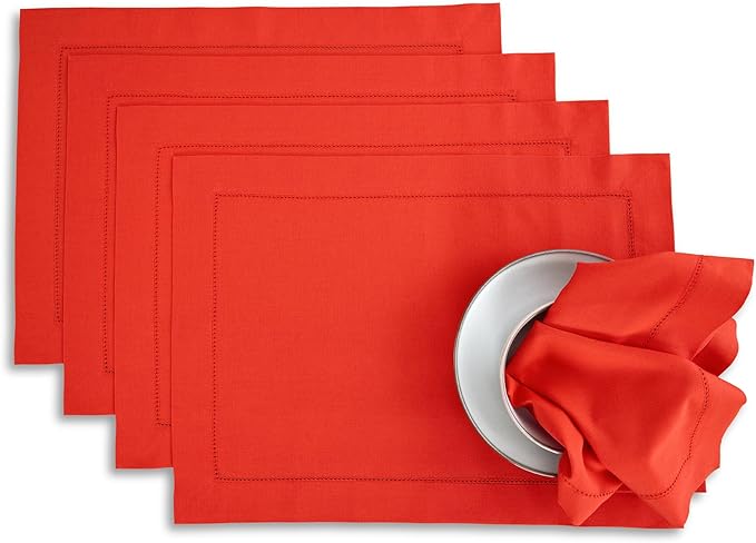 Solino Home Cotton Linen Placemats Set of 4 - Hemstitch Poppy Red Placemats 14 x 19 Inch - Machine Washable Table Mats for Valentines, New Year