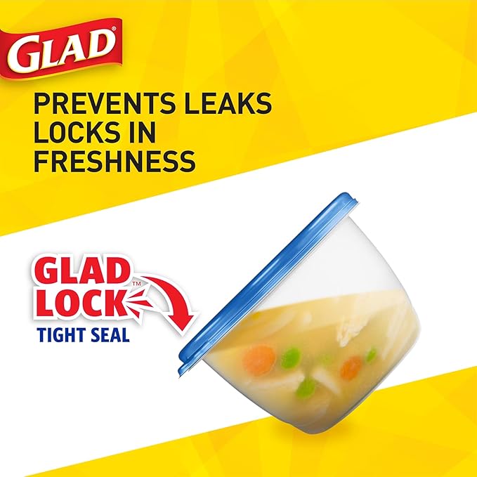 Glad GladWare Big Bowl Food Storage Containers with Lids, Large Round No BPA Plastic Containers for Soups, Salads, and Meal Prep, Lock Tight Seal, Microwave Dishwasher Safe, 48 Oz, 3 Count - 6 Pack