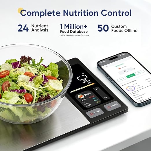 Smart Food Scale with Nutritional Calculator, Free APP with 24 Nutrients Tracking, Calorie, Macro, Premium Stainless Steel Digital Food Scale for Meal Prep Weight Loss, Grams/Ounces, 11lb Capacity