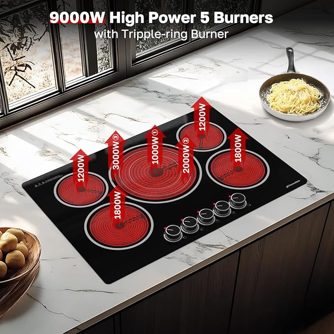 ThermoMate 30 Inch Electric Cooktop, 5 Burners Knob Control Built-in Ceramic Cooktop, 30" Radiant Electric Stove Top of 9000W with 9 Heat Levels, Hot Surface Indicator, 220-240v, Hard Wired
