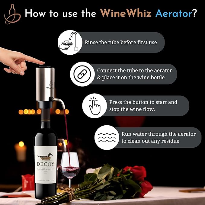 Electric Wine Aerator & Opener Set by WineWhiz with Case and Accessories (Rechargeable Stainless Steel Corkscrew, Dispenser, Foil Cutter Tool, Stopper), Ideal Gift for Housewarming