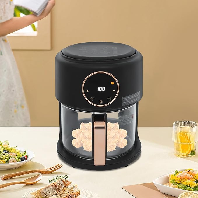 Glass Air Fryer 3.81QT with 360° View, 1200W Touchscreen & 8 Presets, Borosilicate Glass Pot for Healthy Frying, Family Kitchens, Restaurants (Black)