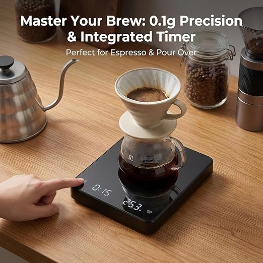 Partyreal Digital Kitchen Coffee Scale, Slim Food Scale with Tare and g/oz/ml Units, Backlit Display, USB-C Rechargeable with AAA Backup, 3kg, Black