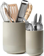 LE TAUCI Utensil Holder for Kitchen Counter, 7.3"+5.4" Fluted Ceramic Utensil Crock Organizer for Countertop, Heavy Large Holder for Spatulas, Spoons, Set of 2, Oatmeal Greige
