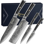 Sunnecko Damascus Kitchen Knife Set 4 Piece, Sharp Chef Knife Set Professional Kitchen Knives Sets Full Tang with Gift Box