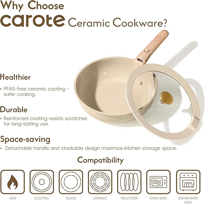 CAROTE 25PCS Ceramic Cookware Set, Pots and Pans set Non Stick, RV Kitchen Cooking Set Removable Handles, Oven Safe, Induction Cookware, Non-toxic Kitchen Cooking Set, PFAS and PFOA Free