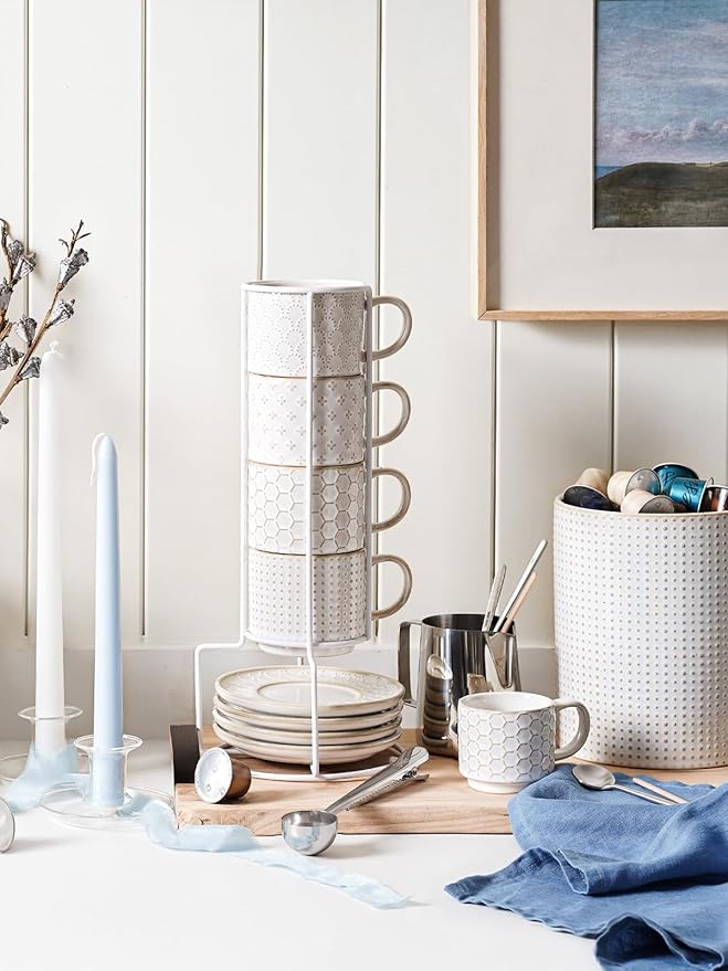 LE TAUCI Stackable Cappuccino Cups 8 oz with Saucers and Stand, Ceramic Large Latte Cup for Au Lait, Cafe, Mocha,Tea, Dishwasher Oven Safe - Set of 4, Arctic white