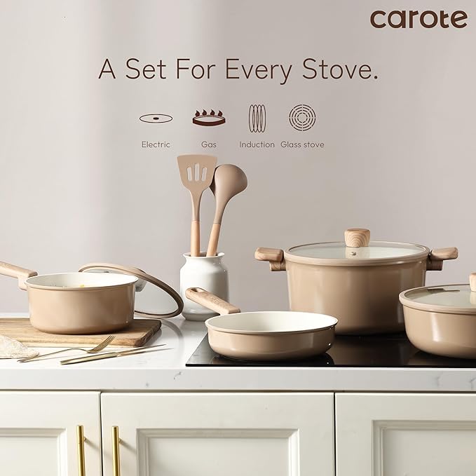 CAROTE 12Pcs Ceramic Pots and Pans Set Non Stick, Healthy Cookware Set, PFAS/PFOA Free, Kitchen Cooking Set with Frying Pans, Taupe