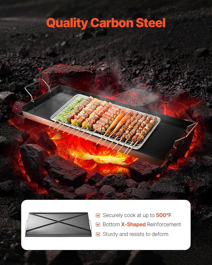 VEVOR Carbon Steel Griddle, 32x14 inch Universal Flat Top Rectangular Plate, Gas Grill Griddle for BBQ Grill, Teppanyaki, Portable Family Cookware with Handle, for Camping Tailgating Party