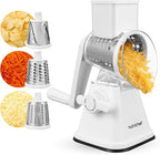 NutriChef 3 in 1 Cheese Grater & Shredder | Strong Suction Base, Rotary Handle with Safety Lock | Includes Hand Crank & 3 Drum Blades for 3 Textures, Fine, Medium & Strips | White