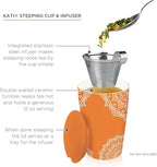 Tea Forte Double-Walled Ceramic Kati Cup, Removable Stainless Steel Infuser Basket and Lid, Steeps 12 oz Loose Leaf Tea, Dishwasher & Microwave Safe, Gifts for Mom, Chakra