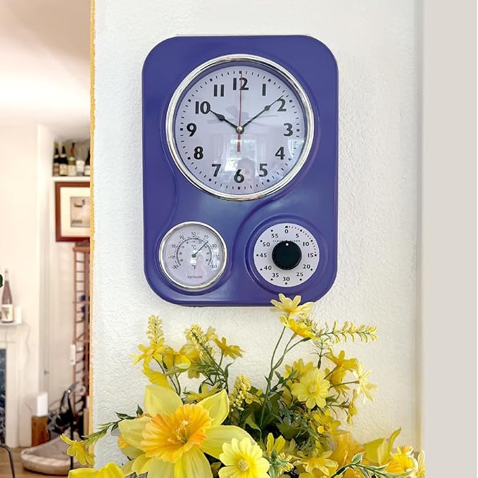 Lily's Home - 9.5 Inch x 12.5 Inch - Retro Kitchen Wall Clock, Vintage Wall Clock with a Thermometer and 60-Minute Timer, Ideal for Any Kitchen, Office, or Diner (Purple)