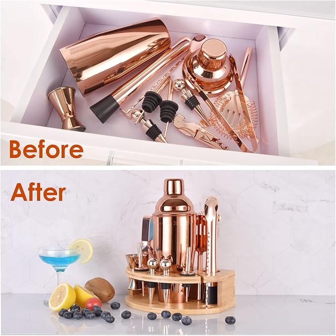 Bartender Kit with Stylish Bamboo Stand, 12 Piece 25oz Cocktail Shaker Set for Mixed Drink, Professional Stainless Steel Bar Tool Set, Gift for Man Dad- Cocktail Recipes Booklet (Rose Gold)