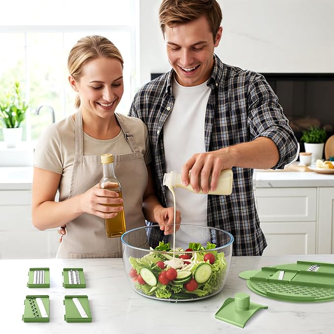 HomeHacks Salad Spinner Large Lettuce Spinner, Large Fruit Cleaner with Double Drainage Holes, 5 Chopping Blades, High Efficiency for Kitchen Washing & Drying Leafy Vegetables, Easy Press (Green)