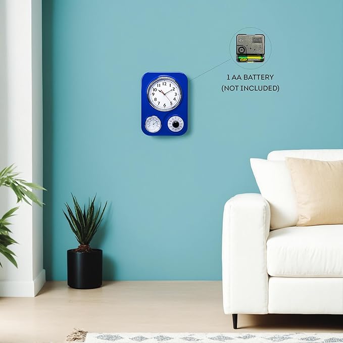 Lily's Home - 9.5 Inch x 12.5 Inch- Retro Kitchen Wall Clock, Vintage Wall Clock with a Thermometer and 60-Minute Timer, Ideal for Any Kitchen, Office, or Diner (Dark Blue)