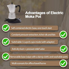 Aluminum Electric Moka Pot 5-6 Cup 270ml Express Coffee Maker Stovetop Espresso Portable Coffeemaker Italian Classic Brewing Greca Cafe Mocha with Removable Base and Overheating Protection Machine