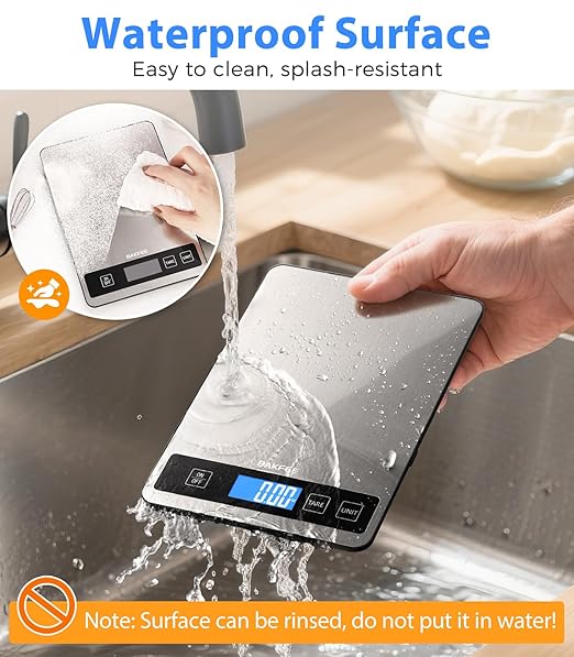 Food Scale - 15kg/33lb Rechargeable Digital Kitchen Scale with Full-View LCD Display, Grams and Ounces, Type-C or Batteries, Easy Clean Stainless Steel, for Baking, Cooking & Meal Prep, Black