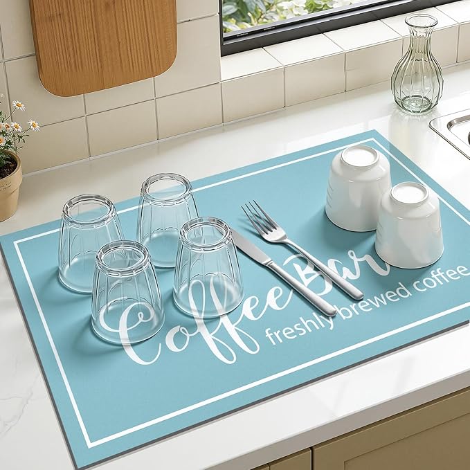 Findosom Dish Drying Mat, 12"x 20" Super Absorbent & Hide Stain Coffee Mat, Cuttable Drying Mat for Kitchen Counter, Coffee Bar Accessories, Under Dish Rack, Coffee Maker, Espresso Machine, Blue