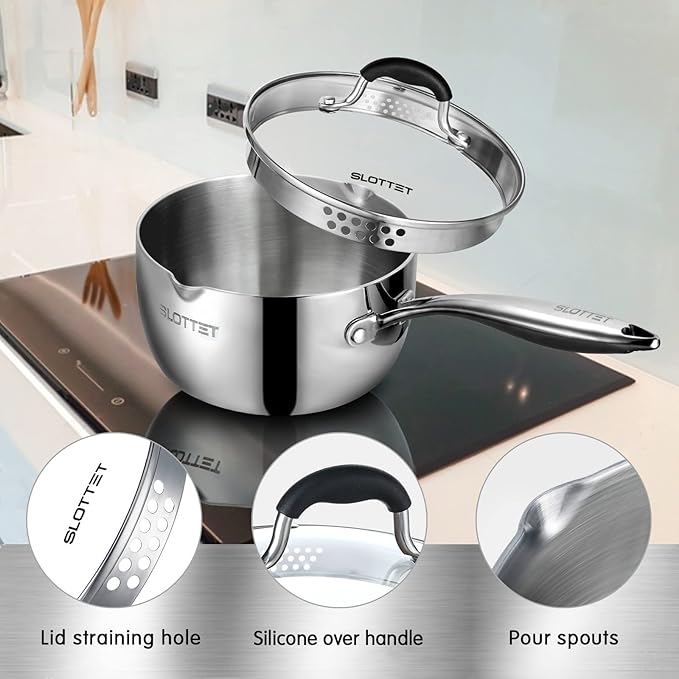 SLOTTET 3.5 Quart Stainless Steel Saucepan with Steamer, Tri-Ply Full Body Small Multipurpose Pot with Pour Spout,Strainer Glass Lid, 3 Qt Sauce Pan for Cooking with Stay-cool Handle.