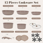SODAY 15Pcs Pots and Pans Set Non Stick, Cookware Sets with Detachable Handle, Nonstick RV Kitchen Cooking Tools Removable Handles, Oven Safe, Induction Fast, Stackable Induction Cookware, Brown