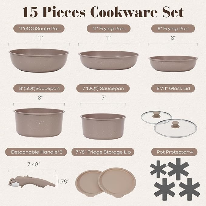 SODAY 15Pcs Pots and Pans Set Non Stick, Cookware Sets with Detachable Handle, Nonstick RV Kitchen Cooking Tools Removable Handles, Oven Safe, Induction Fast, Stackable Induction Cookware, Brown