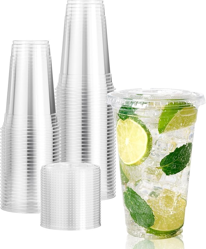Vplus 160 Pack 20 OZ PET Clear Plastic Cups with Lids, 20 OZ Crystal Cold Disposable Drinking Plastic Cups with Flat Lids, Perfect for Ice Coffee, Smoothie, Juice