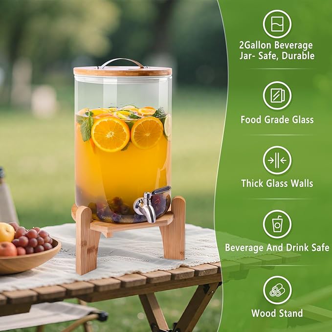 2 Gallon Drink Dispenser, Glass Beverage Dispenser with Wood Stand, Lemonade Dispenser with Airtight Valve and Stainless Steel Spigot Fruit Infuser, Thick Drink Dispenser for Parties Restaurants