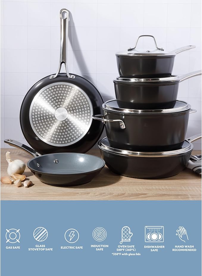 Sur La Table Kitchen Essentials Cool Commune Hard Anodized 10 Piece PFA Free Ceramic Non stick Interior Forged Durable Aluminum Pots and Pans Cookware Set - Black - Induction Compatible