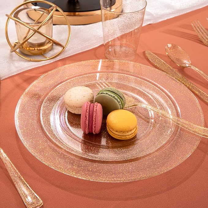 I00000 102PCS Gold Glitter Plastic Plates, Gold Glitter Disposable Plates Clear Plastic Party Plate Include 51 Dinner Plate 10.25" and 51 Dessert Plate 7.5" for Parties &Wedding