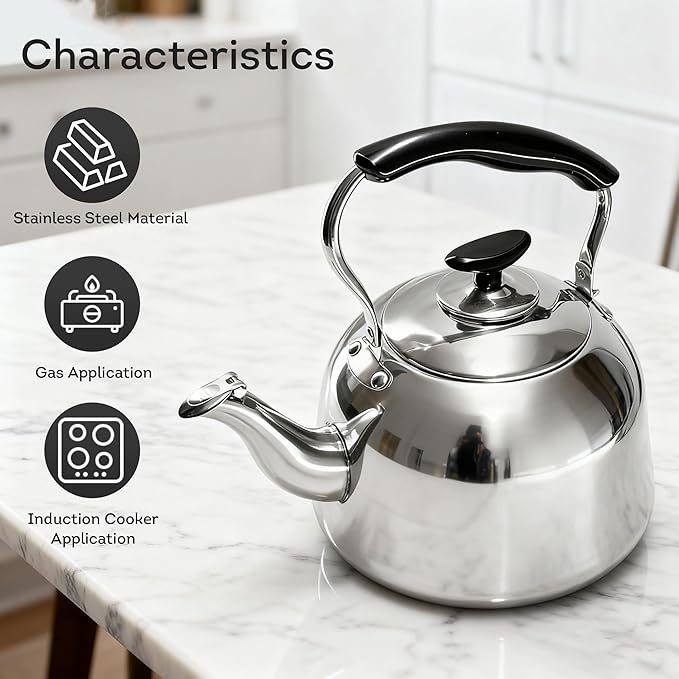 Lily's Home Whistling Tea Kettle for Stovetop, 2 Quart Stainless Steel Water Kettle with Loud Whistle, Cool-Touch Handle & Induction Compatible Base - For Gas, Electric, & Induction Cooktops