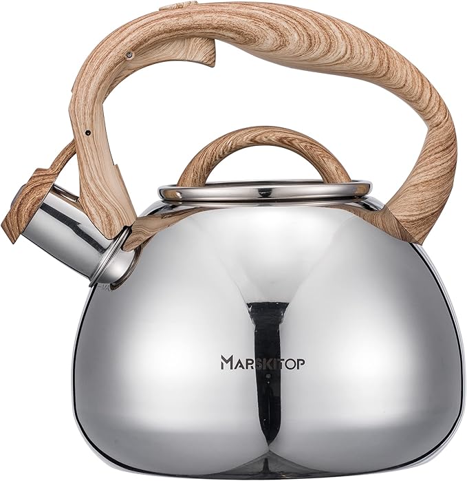 MARSKITOP Whistling Tea Kettle for Stove Top, Stainless Steel Tea Pot with Wooden Pattern Handle, Loud Whistle Water Kettle 2.6 Quart, Silver