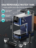 RELEXNOW Espresso Machine, 20 Bar Espresso Maker Milk Frother & LCD Panel, Hot & Iced Coffee Machine, Stainless Steel Espresso Coffee Machine with 41oz Water Tank for Cappuccino, Latte