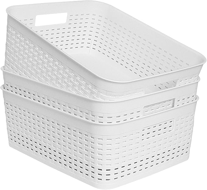 Plastic Storage Baskets for Cabinets, Household Pantry Organization with Handle,Organizer Bins for Room,Bathrooms,Under-Sink,Kitchen (White, M-3PACK)