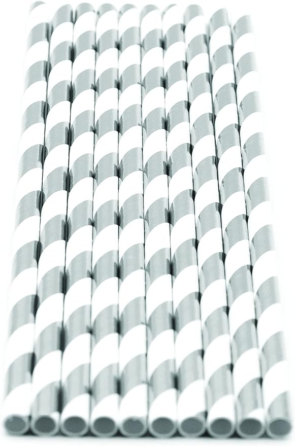 Pack of 900 Silver Foil Swirls Biodegradable 4-Ply Paper Drinking Straws (Compostable, Non-toxic, BPA-free)