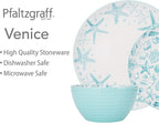 Pfaltzgraff Venice 16-Piece Stoneware Dinnerware Set, Service for 4, Aqua and White Color Combination, Durable and Chip Resistant, Microwave Safe