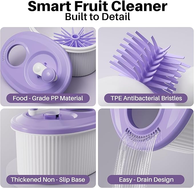 JOYMOOP Fruit Washer Spinner, Fruit Cleaner Spinner with Crank Handle, Hands-Free Fruit & Vegetable Washing Bowl, Manual Fruit Scrubber, No Electricity, Apricot Beige