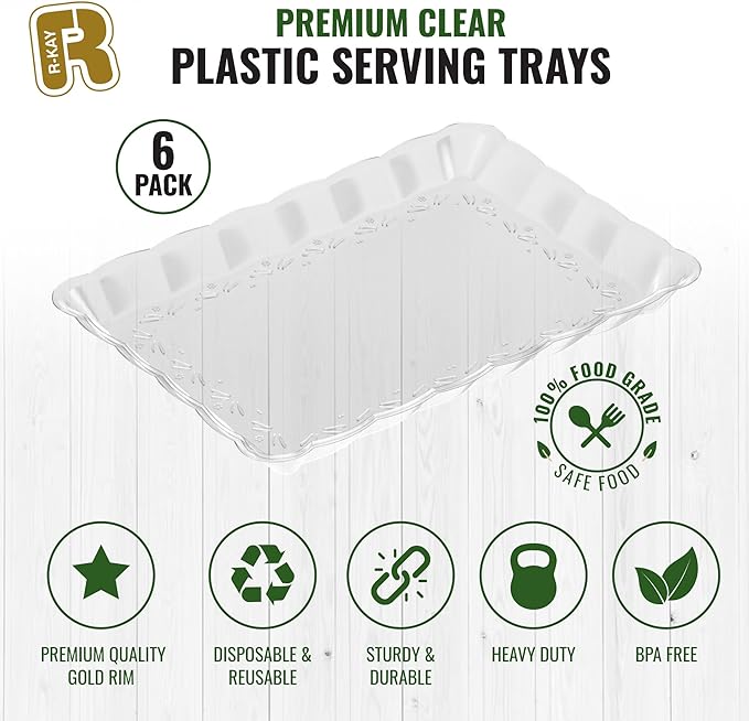 6 Pack Clear Plastic Serving Trays for Party, 9 x 13 Inch - Heavy Duty Plastic Trays for Food - Rectangular Party Serving Trays and Platters - Clear Disposable Trays