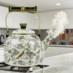 Vintage Enamel Tea Kettle, Dragonfly Floral Pattern Stovetop Teapot with Gold Handle, 2.5L Enamel Kettle Kitchen Decor, Ideal Gift for Housewarming Camping Coffee Pot