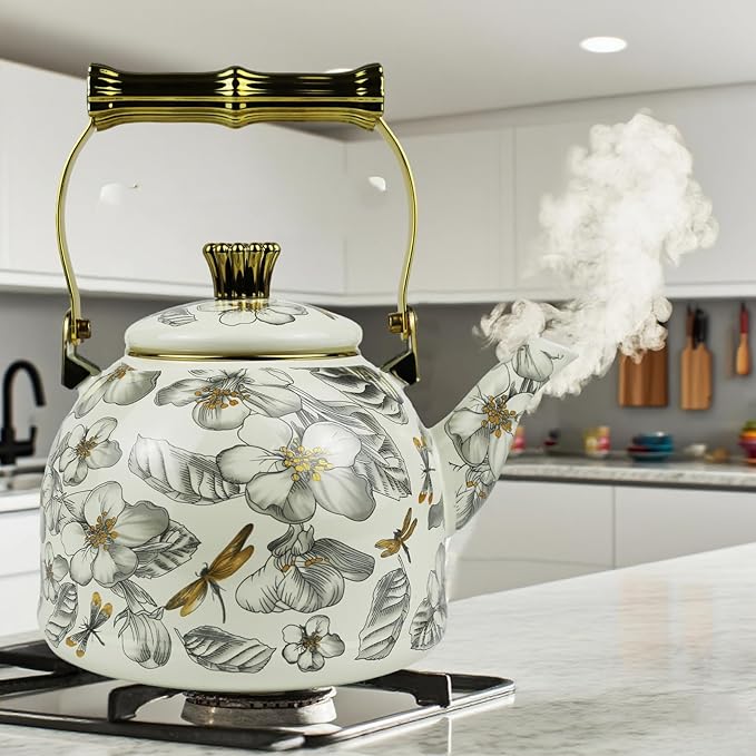 Vintage Enamel Tea Kettle, Dragonfly Floral Pattern Stovetop Teapot with Gold Handle, 2.5L Enamel Kettle Kitchen Decor, Ideal Gift for Housewarming Camping Coffee Pot
