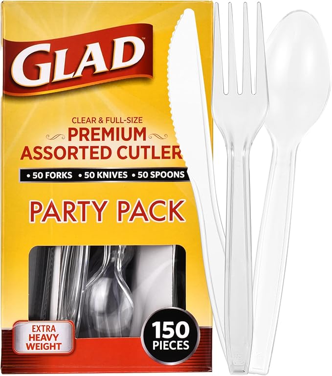 Glad Premium Assorted Plastic Cutlery | Clear Extra Heavy Duty forks, Knives, And Spoons | 150 Piece Set of Disposable Party Utensils, and Sturdy Cutlery