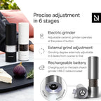 LARS NYSØM Electric Salt and Pepper Grinder Set I Automatic Salt and Pepper Mills with Adjustable Ceramic Grinder I USB Rechargeable Electric Spice Mill Set with LED Light (Stainless Steel)