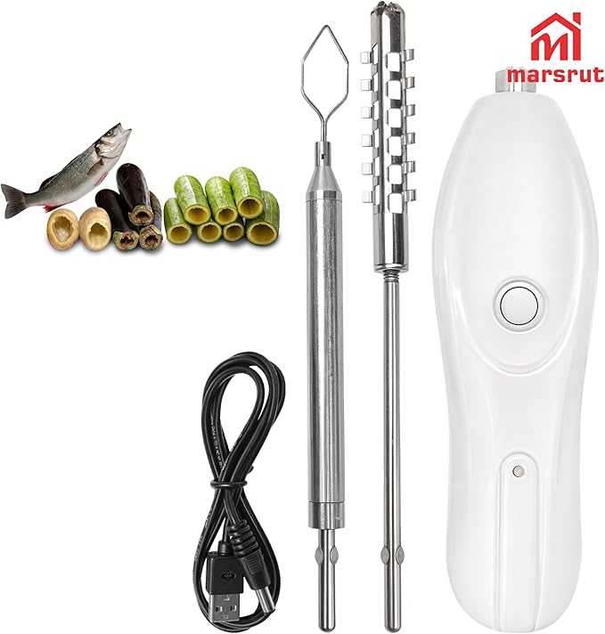 Zucchini Corer Electric Vegetable Core Remover with 2 Cutter Heads, Cordless Portable Machine Scraper, Stainless Steel Rechargeable Kitchen Drill for Jalapeno Veggie Fruit Digging Scraping Fish Scale