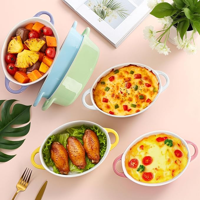 Foraineam 6 Pack Oval Au Gratin Baking Dishes with Handles, 20 oz Porcelain Casserole Dish Single Serving Ramekins for Oven & Microwave Cooking and Baking, 7.2" x 5.5", Oven Safe Roasting Lasagna Pan