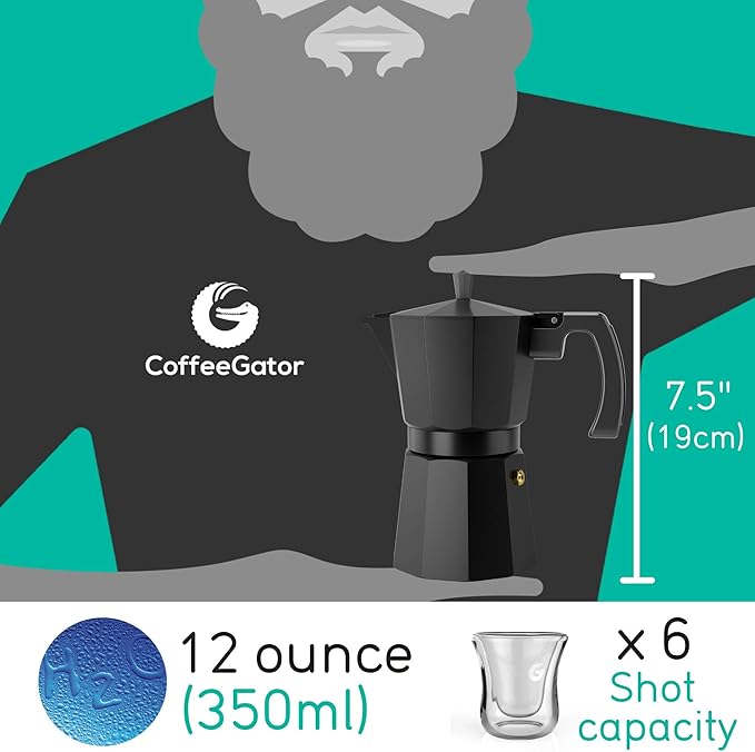 Coffee Gator Moka Pot - 6 Cup, 12oz Stovetop Espresso Maker - Classic Italian and Cuban Coffee Percolator w/ 2 Stainless-Steel Cups – Matte Grey Aluminum, 360ml