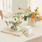 Floral Enamel Tea Kettle Bohemian Vintage Teapot Hot Water Coffee Kettle Pot 2.5L Porcelain Beige Colorful Rustic Tea Pot for Stovetop Hot Water Kitchen Decor