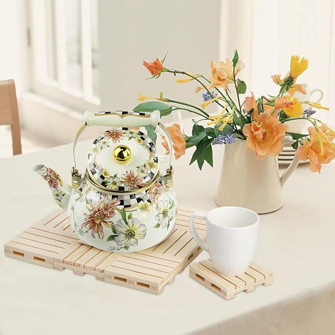 Floral Enamel Tea Kettle Bohemian Vintage Teapot Hot Water Coffee Kettle Pot 2.5L Porcelain Beige Colorful Rustic Tea Pot for Stovetop Hot Water Kitchen Decor