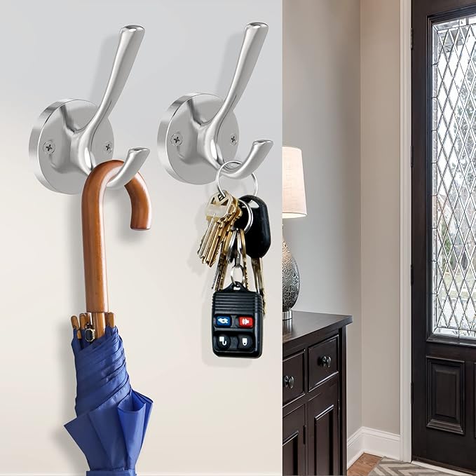 Brushed Nickel Wall Hooks Towel Hooks, 2 Pack Coat Robe Hook Heavy Duty Bathroom Double Hook Wall Mounted, Hand Towel Hooks for Closet Entryway Cubicle Kitchen